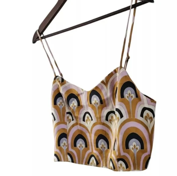 House Of Harlow 1960 Art Deco Printed Crop Top Gold Pink Satin Size L NEW - Picture 2 of 7